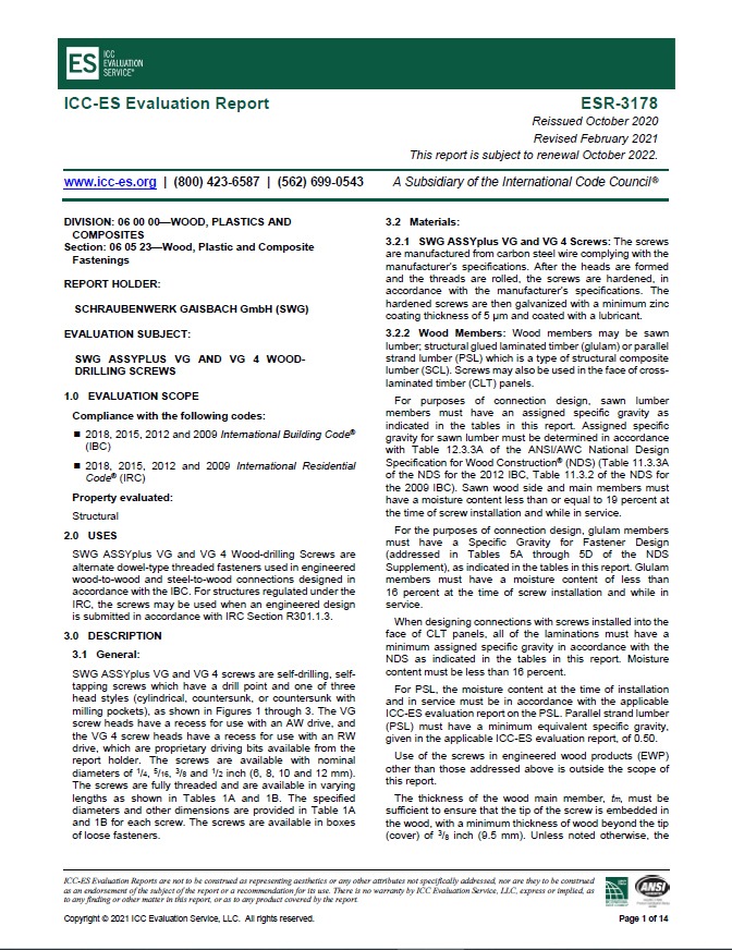 ICC Code Approval ESR 3178 for Fully Threaded Screws – 2023 Edition