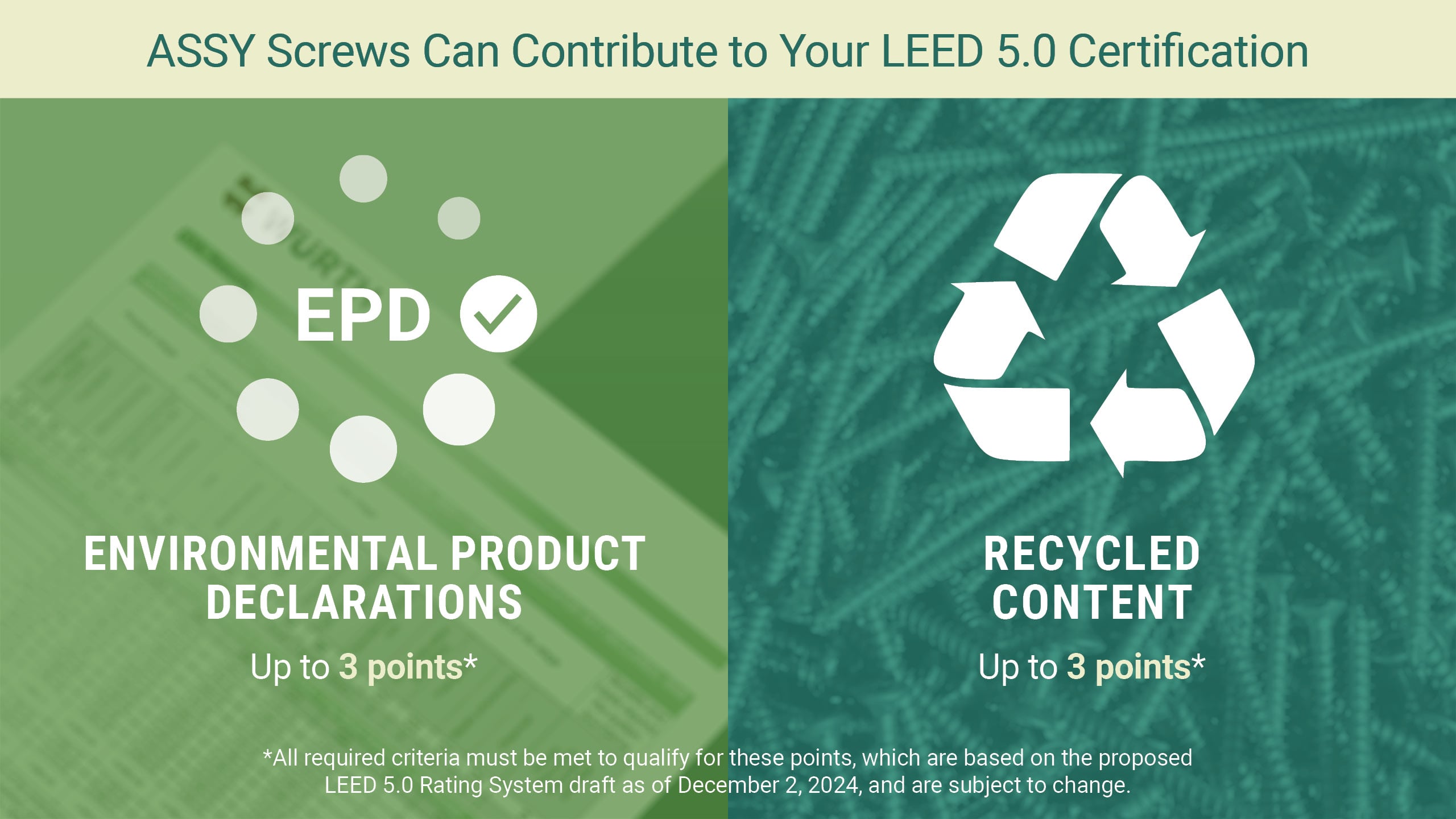 MTC Solutions ASSY Screws can contribute to your LEED 5.0 Certification through Environmental Product Declarations and Recycled Content