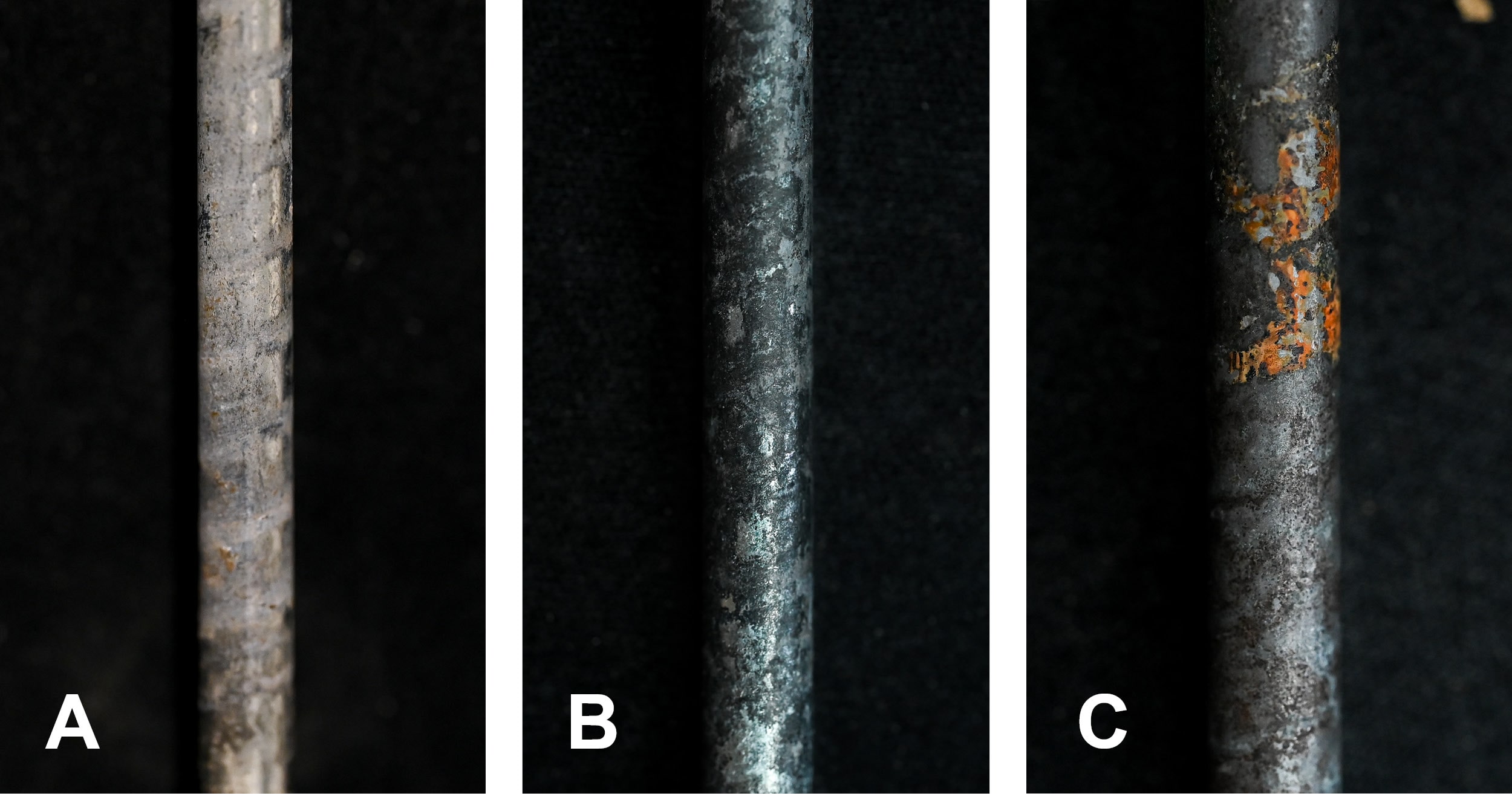 Images of white rust, black rust, and red rust formed on mass timber screws during testing