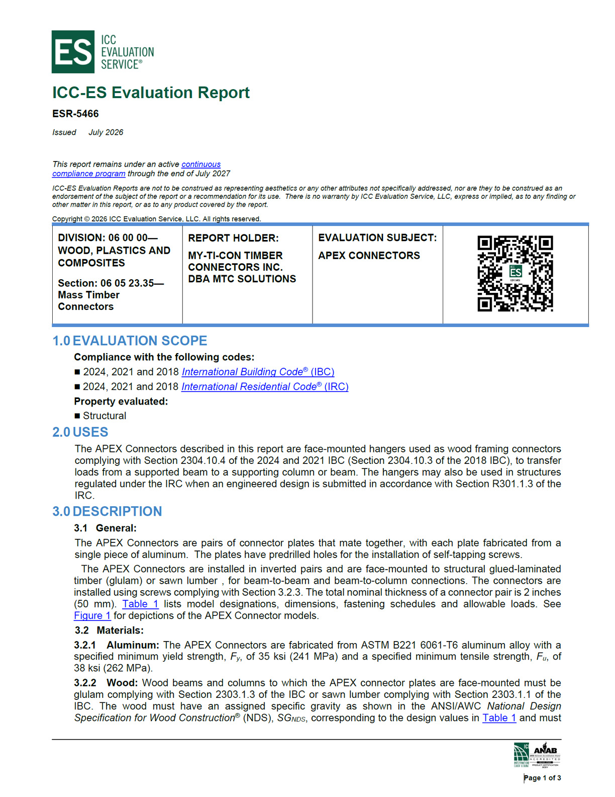 ICC Code Approval ESR-5466 for APEX Connectors – 2026 Edition