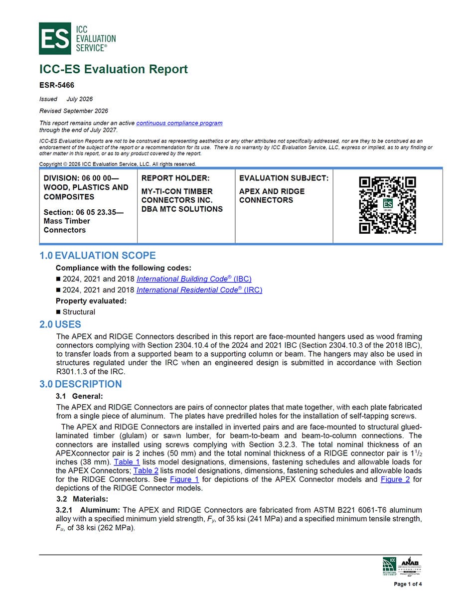ICC Code Approval ESR-5466 for APEX and RIDGE Connectors – 2026 Edition